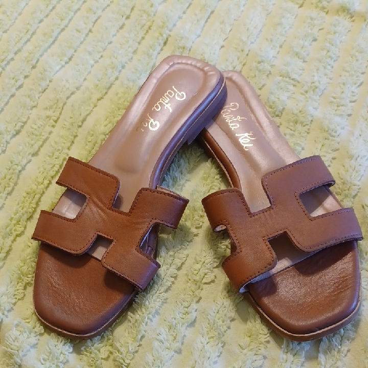 Panta Rei Sz 38 (7.5 - 8) Leather H Strap Sandles In Cognac. Made In Greece